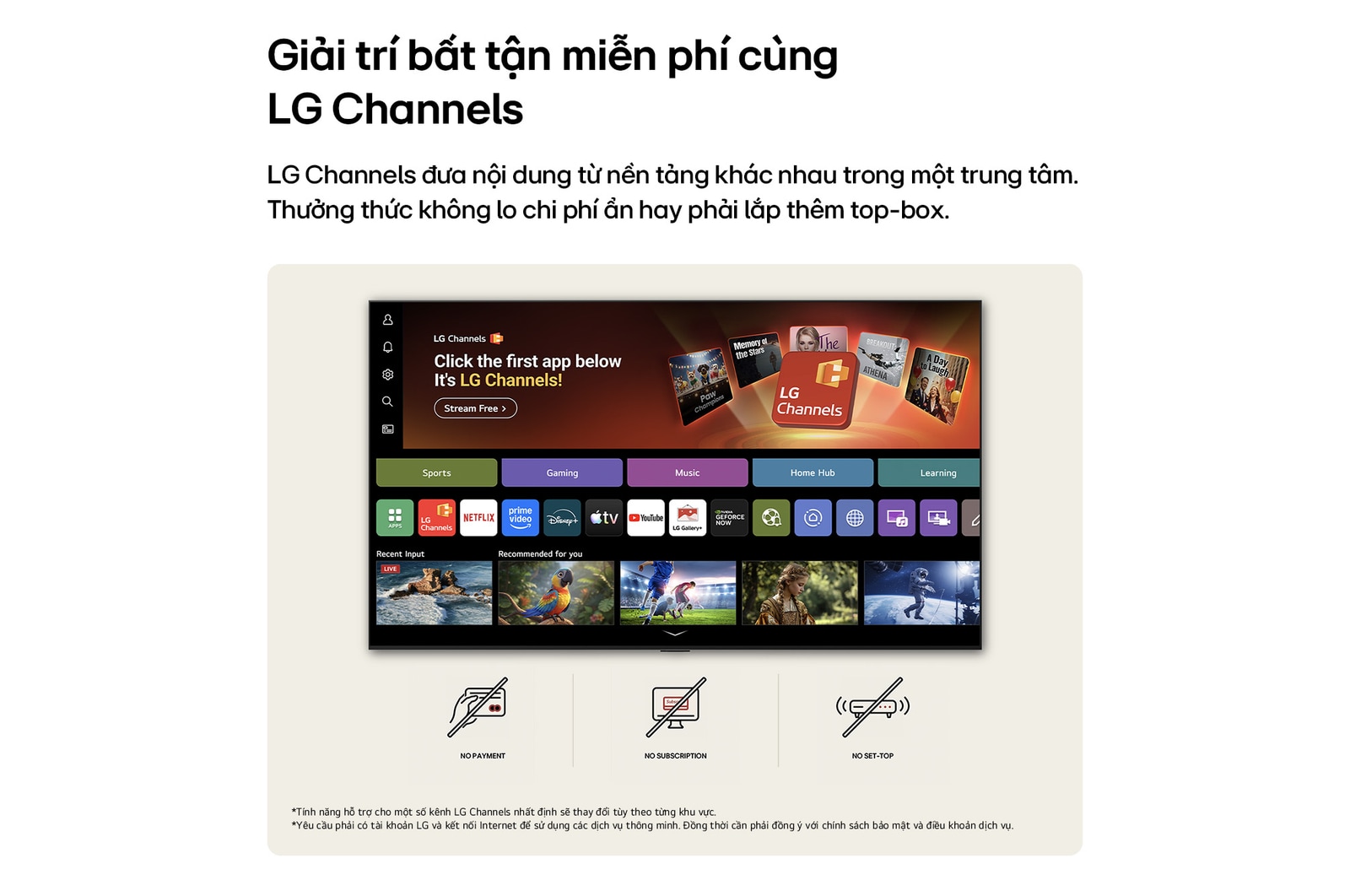 LG NANO 4K UHD AI NU85 home screen navigates into the LG Channels interface, with free live TV channels, movies, and exclusive content. It highlights direct access to hundreds of entertainment options with no payment, no subscription, and no set-top box required.